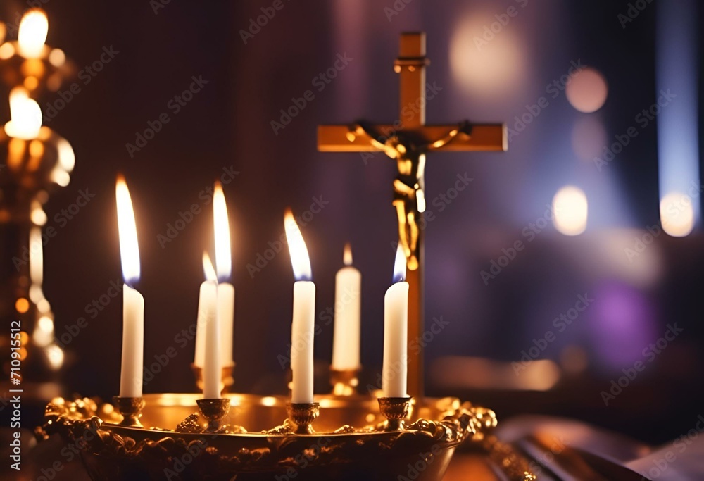AI generated illustration of cross and candle set on table next to another cross