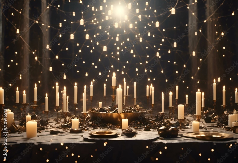 AI generated illustration of candles and dishes on a table illuminated by falling snow in the dark AI generated illustration of candles and dishes on a table illuminated by falling snow in the dark