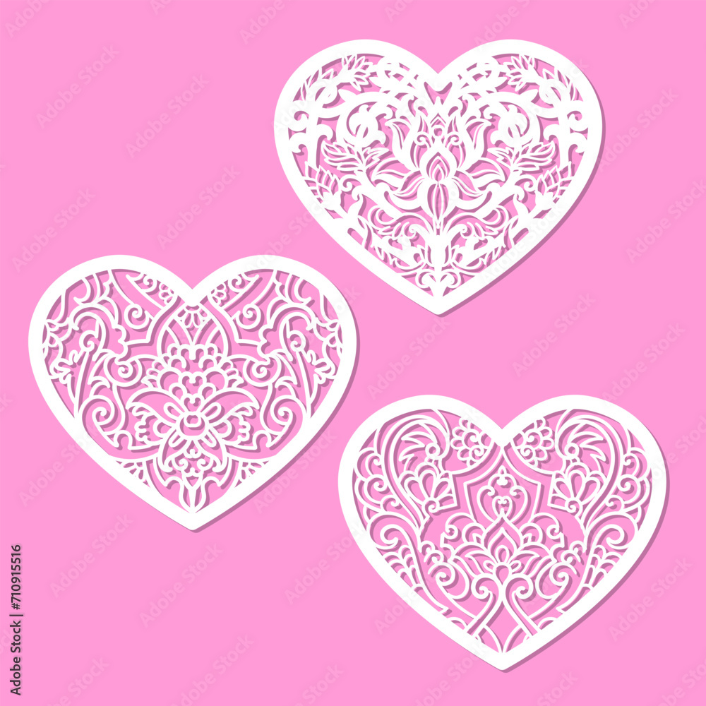 Set of openwork hearts. Template for laser cutting from paper. cardboard, wood, metal. For the design of stencils, cards and interior decorations for weddings and Valentine's Day. Christmas decoration