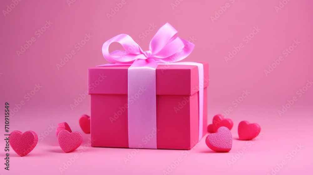 A pink gift box with a bow and hearts around it