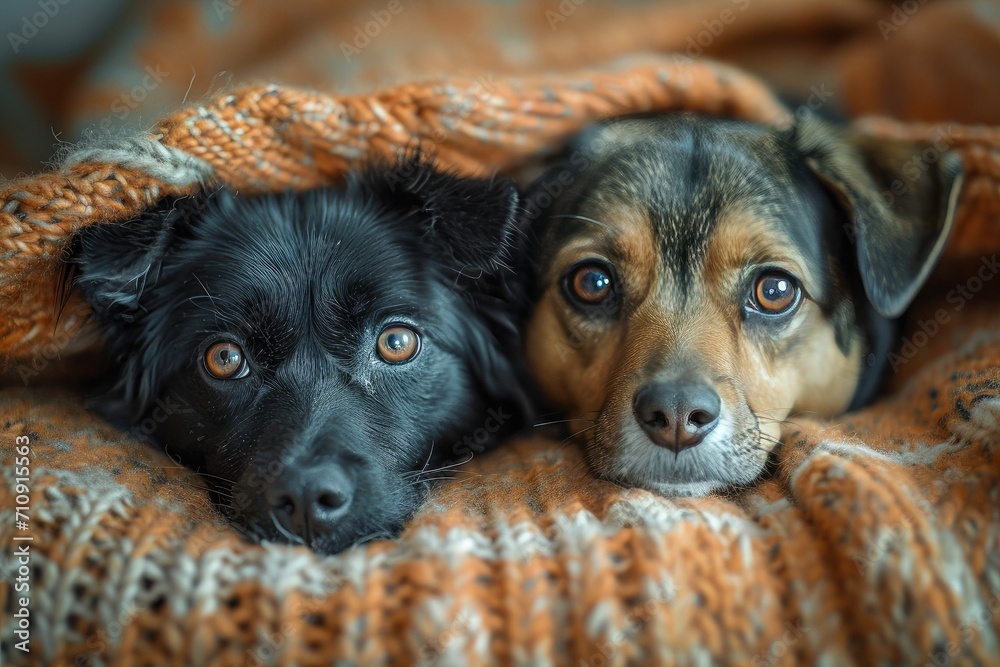 two small dogs laying side by side on a couch under a blanket Stock ...