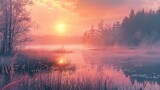 The sun is setting over a lake with reeds in the foreground