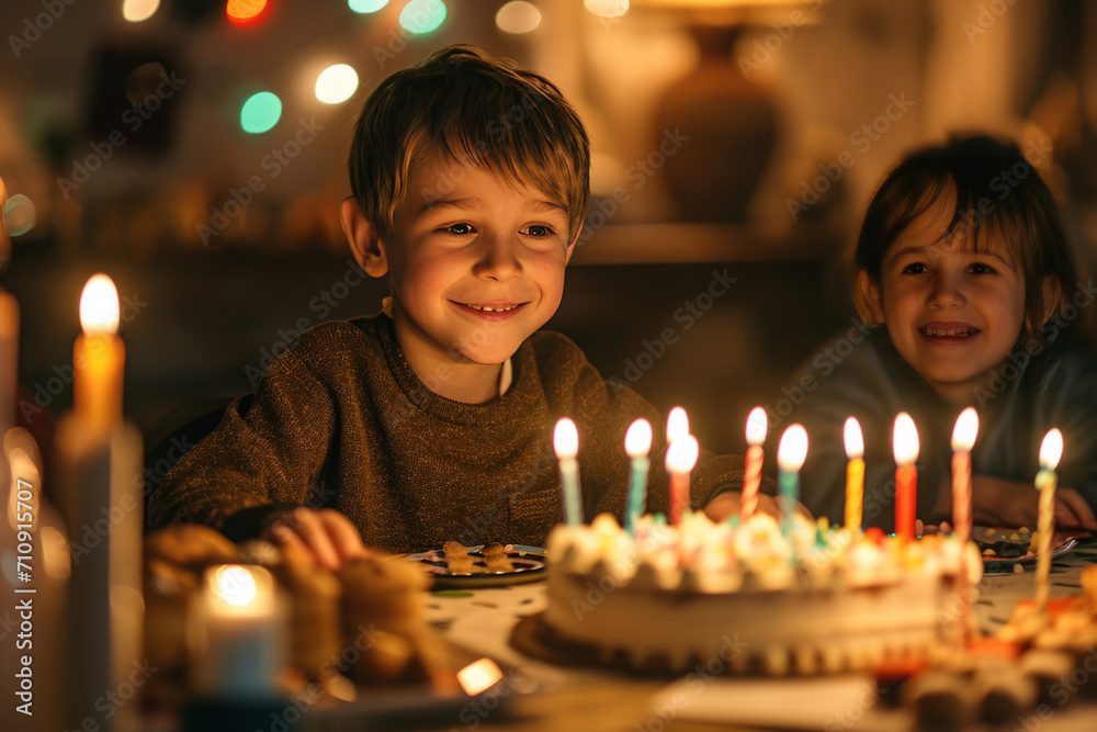 Birthday party for children. Boy is sitting in center of table, next to birthday cake with burning candles Birthday party for children. Boy is sitting in center of table, next to birthday cake with burning candles