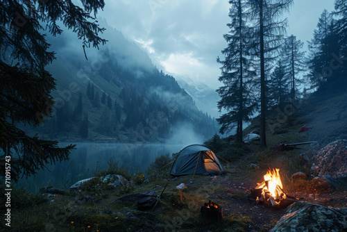 Nature landscape with fog, comfortable backpacking and camping scenery. Campsite with tent and burning bonfire in mountains and valley lakes in deep forests