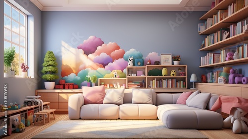A cozy living room with a cloud-themed mural © duyina1990