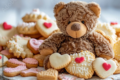 Teddy bear surrounded by heart-shaped cookies on a birthday dessert table against an isolated white background the sweet treats and the bear's endearing presence adding warmth and charm