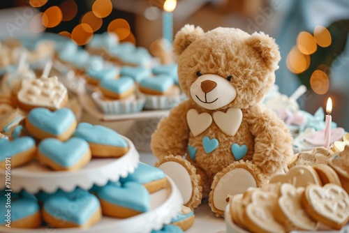 Teddy bear surrounded by heart-shaped cookies on a birthday dessert table the sweet treats and the bear's endearing presence adding a touch of warmth and charm to the celebration