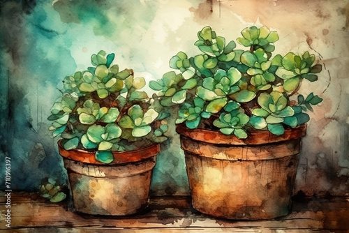 Vibrant Blooms: Potted Colorful green jade plants in Watercolor Style photo