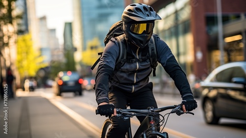 Cyclist wearing protective gear rides bicycle in urban area photo