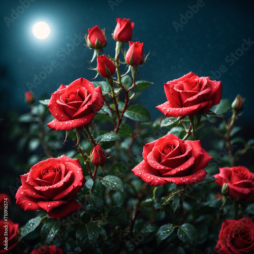 Bush of red blooming roses on a moonlit night
