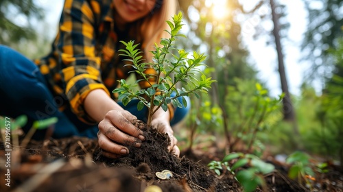 Young woman planting sapling in soil, connection with nature photo