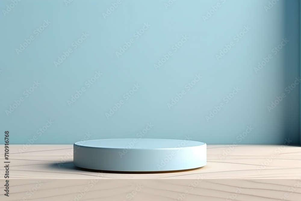 Blue podium on marble floor with blue background Blue podium on marble floor with blue background