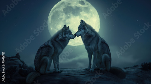 A couple of grey wolf in love looking at each other  front of the full moon.