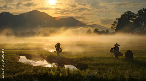 farmers are working paddy rice in a rice field at sunrise in vietnam