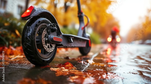 Electric scooter on rainy street with autumn leaves and cyclist in background