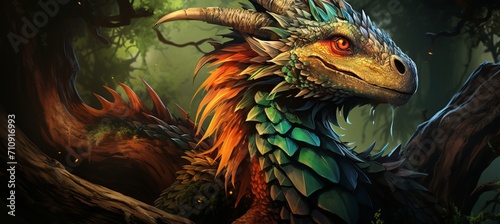 Mystical creature sanctuary in misty mountain valley with majestic dragons and mythical beasts photo