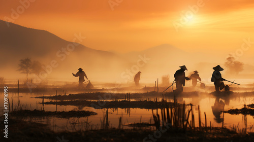 farmers are working paddy rice in a rice field at sunrise in vietnam