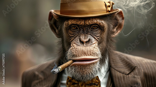 stylish boss chimpanzee in a suit and bowler hat smokes a cigar, banner, poster photo
