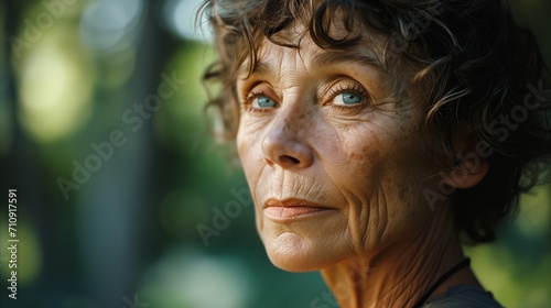 Elderly woman with expressive eyes and wrinkled skin in natural setting