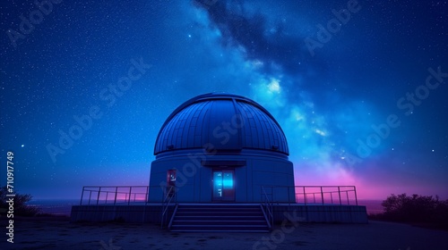 Astronomical observatory under starry night sky with milky way