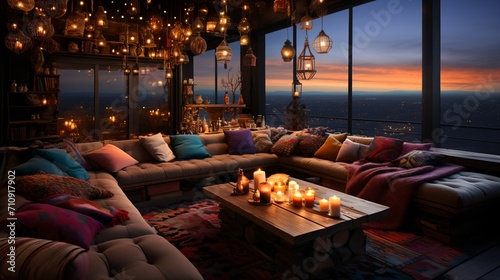 bohemian living room with a view of the city at sunset
