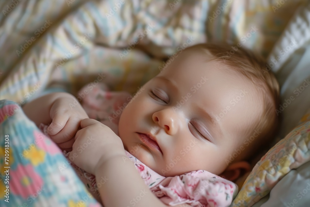 Close-up of a newborn baby girl peacefully sleeping in the crib. Close-up of a newborn baby girl peacefully sleeping in the crib.