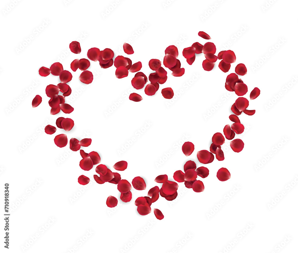 Vector realistic red rose petals in shape of a heart, frame for your text or valentine's day or mother's day greeting on white background Vector realistic red rose petals in shape of a heart, frame for your text or valentine's day or mother's day greeting on white background