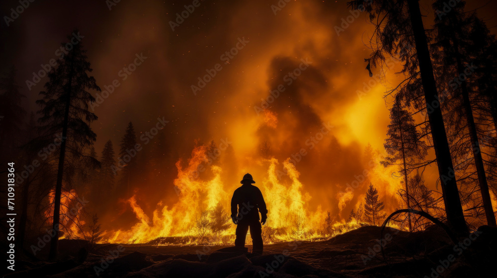 Silhouette of firefighter against background of burning forest. Large red fire and clouds of smoke from burning trees. Dangerous work. Concept of environmental protection. Copy space.