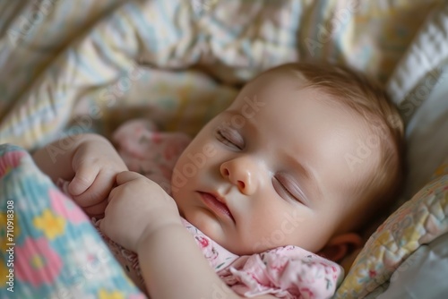 Close-up of a newborn baby girl peacefully sleeping in the crib. 