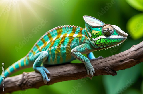 A chameleon sits on a branch in its natural habitat.