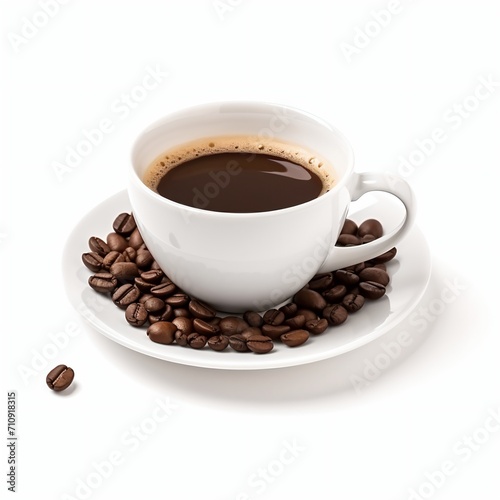 A cup of coffee on a saucer with coffee beans