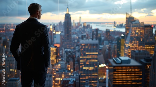 Businessman contemplating cityscape at sunset from high-rise office