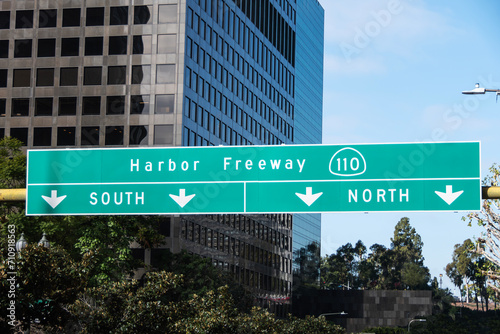 View of the Harbor 110 Freeway entrance sign on 5th street in downtown Los Angeles California.