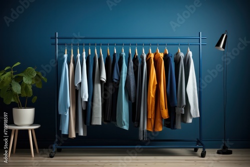 minimal rack with blue color palette male clothes on hangers. Open closet, dressing room for wardrobe at bachelor's apartment interior. Man outfits store. photo