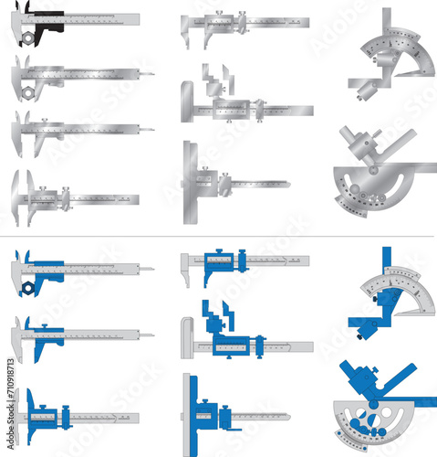 The Vernier caliper set (from it. Stangenzirkel) and Goniometer. Vector. Shtangenglubinometer, Shtangenreysmas. Caliper SHC,Protractor UG. Rod depth gauge, vernier depth gauge. Strangeness. Protractor