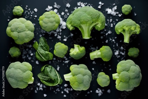frozen green broccoli sprouts cabbage flat lay with ice on black background. Healthy vegan lifestyle. 