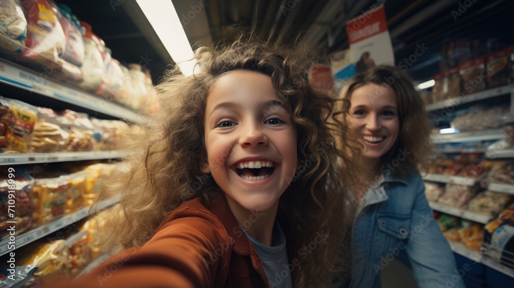 Happy mother and daughter taking selfie in grocery store