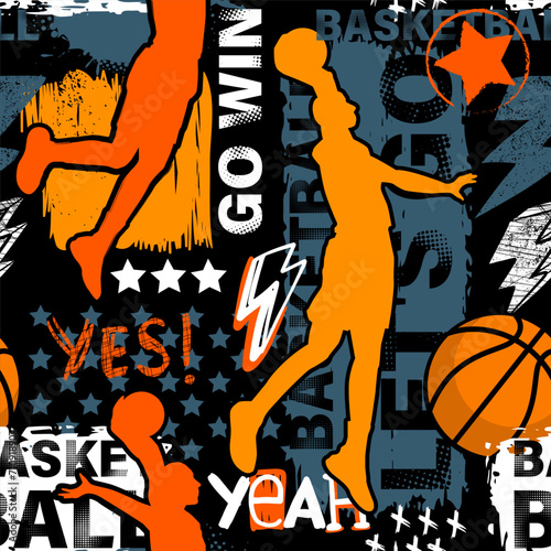 Abstract seamless grunge pattern for guys. Urban style modern background with basketball player. Sport style creative wallpaper