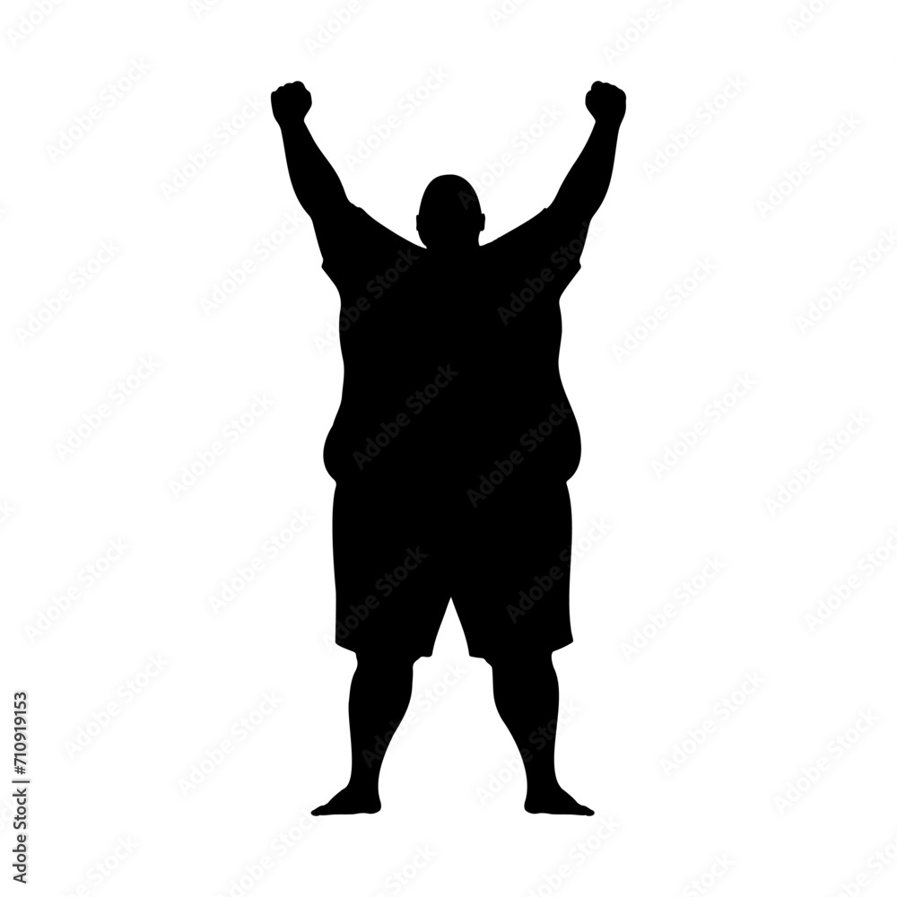 Silhouette of an obese man raising his arms. Victory gesture. Vector illustration Silhouette of an obese man raising his arms. Victory gesture. Vector illustration