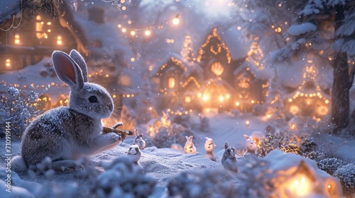 A winter-themed rabbit crafting snow bunnies in a snowy clearing, surrounded by whimsical snow sculptures and a sprinkle of frosty magic © IBRAHEEM'S AI