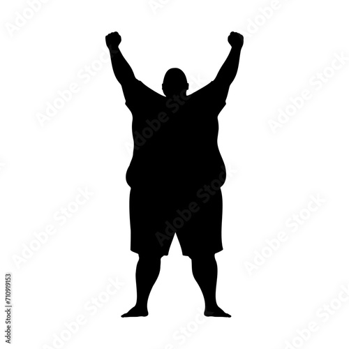 Silhouette of an obese man raising his arms. Victory gesture. Vector illustration