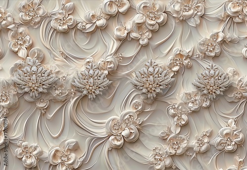 Image of beautiful brooches and tiaras in white and beige, in the style of heavy impasto texture, finely rendered textures, wallpaper, marble, floral, ferrania p30. photo