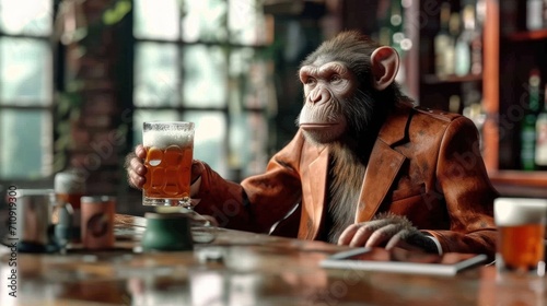 Foto Chipanzee in a brown leather jacket drinks a glass of beer in a bar Pub, banner,