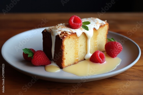 slice of pound cake on white plate at minimal kitchen with raspberry and condensed milk sauce