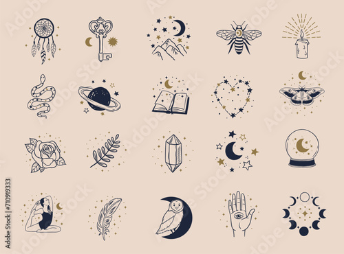 Magical icons, spiritual symbols, celestial: Moon and stars, mystical icons, hand drawn icons, vector doodle (ID: 710919333)