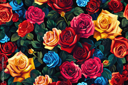 Seamless pattern with colorful roses on black background.