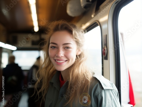 Portrait of a smiling young woman on a train