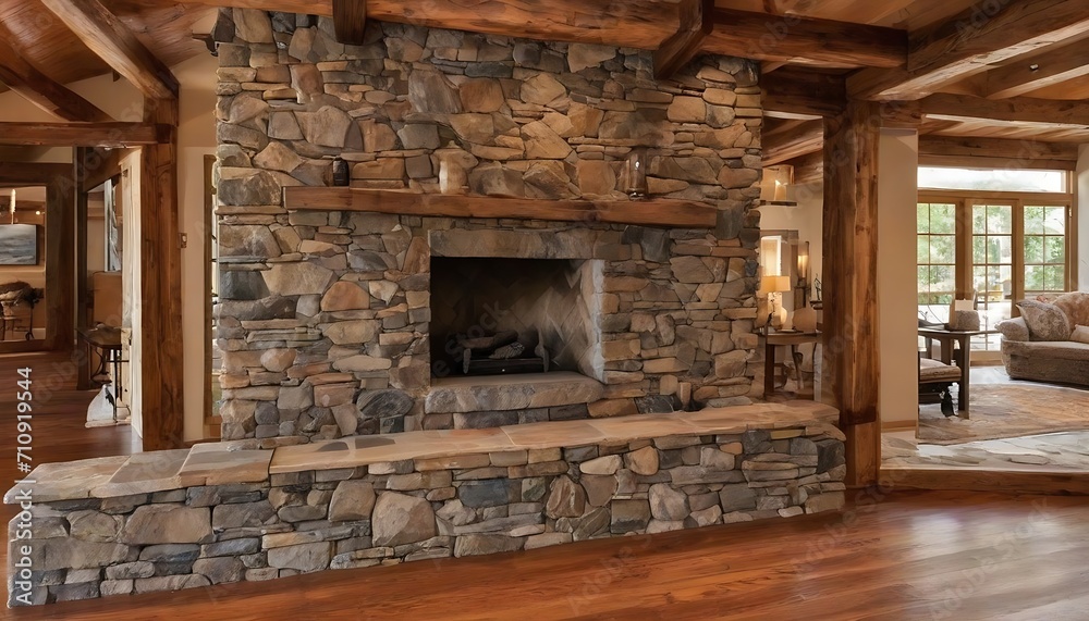 fireplace in the house, grey stone walls, wooden ceiling and floor 