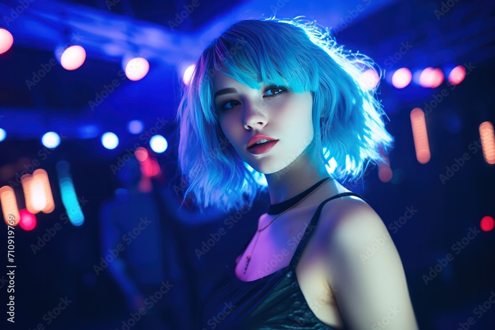 young beautiful woman with blue hair at party with neon purple cyan light at club. Nightlife and clubbing. Music, techno, pop, dancing. 