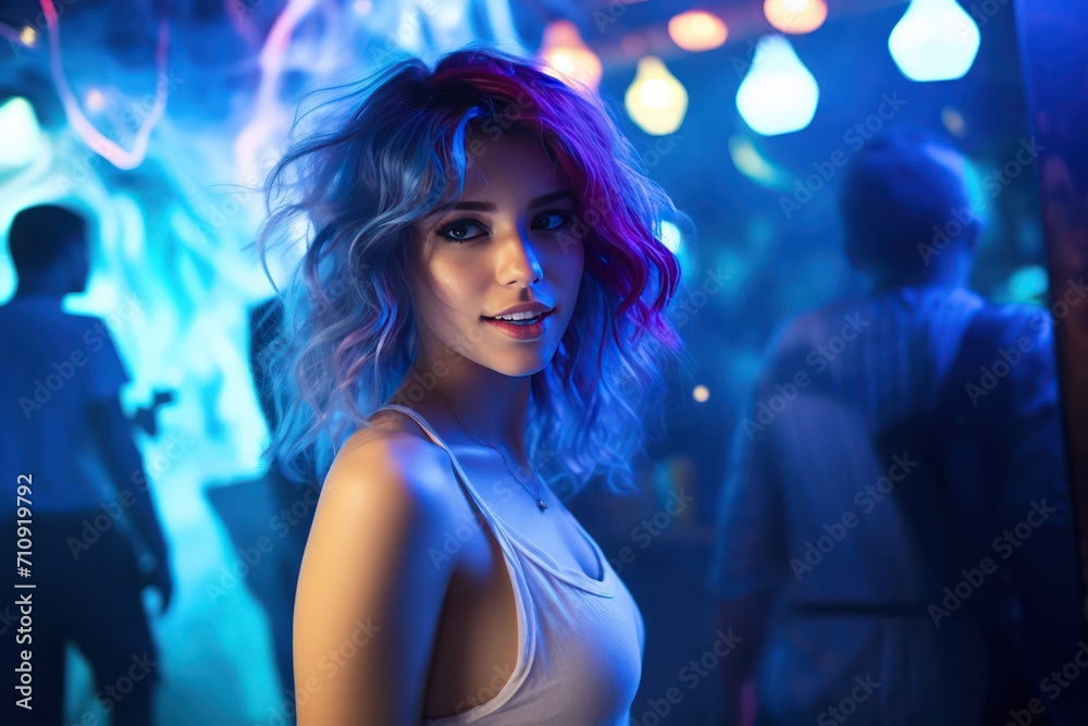 young beautiful woman with blue hair at party with neon purple cyan light at club. Nightlife and clubbing. Music, techno, pop, dancing. 